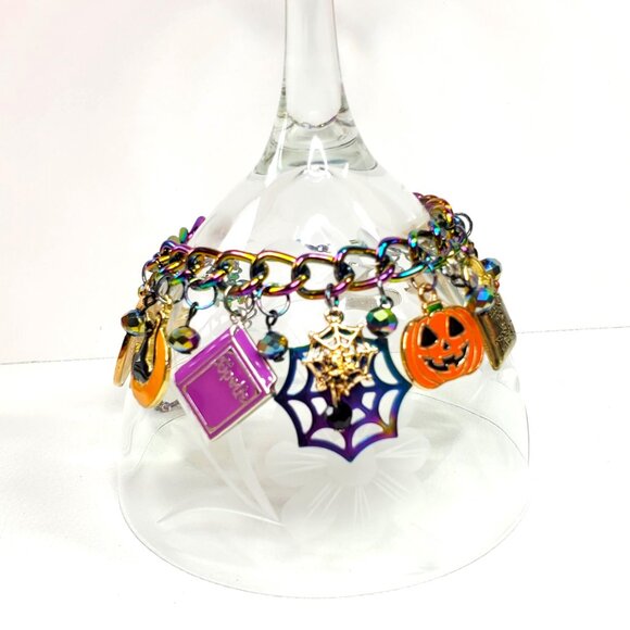 Halloween Charm Bracelet, Pumpkins, Ghost, Spider Webs, Cat, Spell Book - Picture 8 of 10